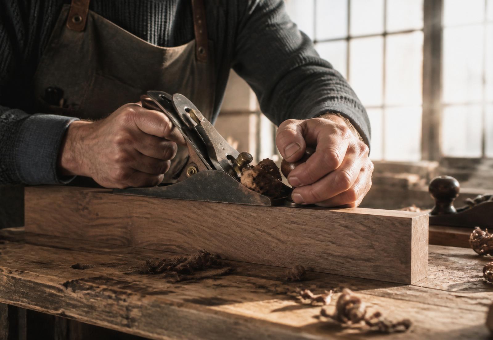 Mains rabotant le noyer à l'atelier