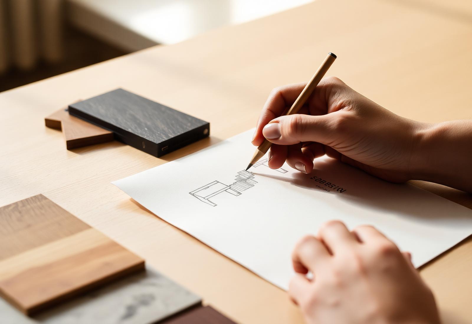 Esquisses de mobilier et échantillons de matériaux